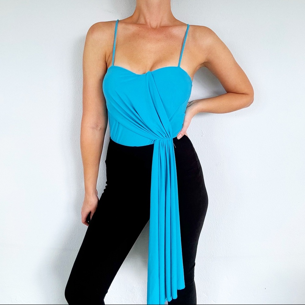 ZARA blue corset draped sash spaghetti strap bodysuit top size small